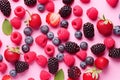 Healthy mix berries fruits clean eating selection on pastel pink background. Generative AI