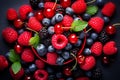 Healthy mix berries fruits clean eating selection in red bowl on black background. Generative AI Royalty Free Stock Photo