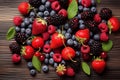 Healthy mix berries fruits clean eating selection on wood background. Generative AI