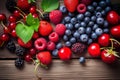 Healthy mix berries fruits clean eating selection on wood background. Generative AI