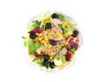 Healthy mixed salad in a transparent bowl. The ingredients are white meat tuna, black olives, corn grains valerian, lettuce Royalty Free Stock Photo