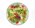 Mixed salad in a transparent bowl.The vegetables are rocket, red radicchio, cherry tomatoes, lettuce, chicory, endive,carrot