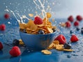 Healthy Morning Breakfast Cornflakes with fresh berries, raspberries, blueberries and a splash of pouring milk in a bowl. Flying Royalty Free Stock Photo