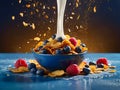Healthy Morning Breakfast Cornflakes with fresh berries, raspberries, blueberries and a splash of pouring milk in a bowl. Flying Royalty Free Stock Photo