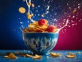 Healthy Morning Breakfast Cornflakes with fresh berries, raspberries, blueberries and a splash of pouring milk in a bowl. Flying Royalty Free Stock Photo