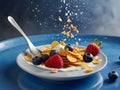 Healthy Morning Breakfast Cornflakes with fresh berries, raspberry, blueberries, strawberries and yogurt in a bowl. Falling corn