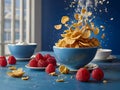 Healthy Morning Breakfast Cornflakes with fresh raspberries and a splash of pouring milk in a bowl. Flying elements on blue Royalty Free Stock Photo