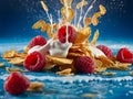 Healthy Morning Breakfast Cornflakes with fresh raspberries and a splash of pouring milk. Flying elements on blue background. For Royalty Free Stock Photo