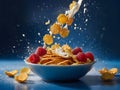Healthy Morning Breakfast Cornflakes with fresh raspberry and a splash of pouring milk in a bowl. Flying elements on blue Royalty Free Stock Photo