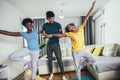 Morning stretching - family doing gymnastic exercise at home Royalty Free Stock Photo