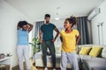 Morning stretching - family doing gymnastic exercise at home Royalty Free Stock Photo