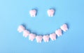 Healthy mouth concept with smile made with toy teeth. Dental background