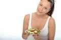 Healthy Natural Happy Young Woman Holding a Plate of Chicken Salad Royalty Free Stock Photo