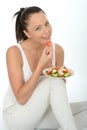 Healthy Natural Happy Young Woman Holding a Plate of Fresh Salmon Salad Royalty Free Stock Photo