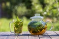 Healthy nettle tea in a glass tea pot and mug in the summer garden on wooden table