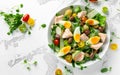 Healthy Nicoise salad with salmon, colourful sweet cherry tomatoes, olives, green beans, cucumber ribbons, soft boiled Royalty Free Stock Photo