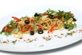 Healthy noodles with mushrooms and vegetables close-up on a plate