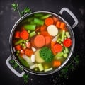 Healthy nourishment bowl with super-foods and fresh mixed vegetables. overhead view on pieces of carrot, broccoli, onion Royalty Free Stock Photo