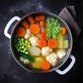 Healthy nourishment bowl with super-foods and fresh mixed vegetables. overhead view on pieces of carrot, salad, onion Royalty Free Stock Photo