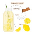 Healthy nutrition. Cinnamon Lemonade recipe. Glass bottle with Yellow beverage and fruit, cinnamon sticks, sugars. Flat