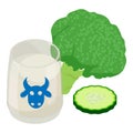 Healthy nutrition icon isometric vector. Milk glass broccoli and cucumber slice