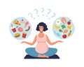 Healthy nutrition of a pregnant woman. A pregnant girl practices yoga and chooses between healthy and junk food. Flat