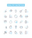 Healthy nutrition vector line icons set. Nutrition, Healthy, Diet, Balanced, Vegetables, Fruits, Grains illustration