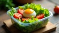 Healthy and nutritious salad with soft boiled egg in a clear container. Generative AI Royalty Free Stock Photo