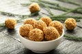 Healthy nutritious Sesame seed balls in a white bowl