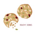 Healthy oat coookies full of pumpkin seeds, grains and dried fruit. Homemade not too sweet oatmeal cookies. Overhead