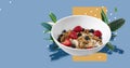 Healthy Oatmeal with almonds and strawberries in bowl  with fresh bird and greens isolated on abstract colorful background Royalty Free Stock Photo