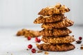 Healthy oatmeal cookies with cranberry and nuts, copy space. Healthy vegan food concept Royalty Free Stock Photo