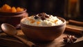 Healthy oatmeal dessert in rustic wooden bowl generative AI