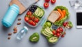 Healthy office lunch box with sandwich and fresh vegetables, water bottle, nuts and fruits on desk. Top view flat lay with copy