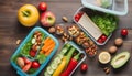 Healthy office lunch box with sandwich and fresh vegetables, water bottle, nuts and fruits on desk. Top view flat lay with copy