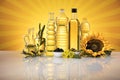 Healthy oil from sunflower, olive, rapeseed oil. Cooking oils in bottle Royalty Free Stock Photo