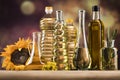 Healthy oil from sunflower, olive, rapeseed oil. Cooking oils in bottle Royalty Free Stock Photo