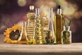 Healthy oil from sunflower, olive, rapeseed oil. Cooking oils in bottle Royalty Free Stock Photo