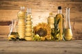 Healthy oil from sunflower, olive, rapeseed oil. Cooking oils in bottle Royalty Free Stock Photo