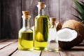 healthy oils: olive, coconut, and avocado oil bottles