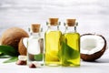 healthy oils: olive, coconut, and avocado oil bottles