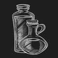 Healthy olive oil in small glass jugs with cork monochrome sketch.