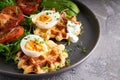 Healthy organic breakfast. Waffles, herbs, tomatoes,salad,eggs, spices served in a plate Royalty Free Stock Photo