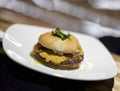 Healthy organic cheeseburger, beef burger close-up in a white plate