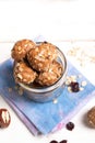 Healthy organic energy granola bolls with nuts, cacao, oats and raisins - vegetarian sweet bites without sugar Royalty Free Stock Photo