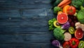 Healthy organic food on a blue wooden background. Vegetables and fruits.