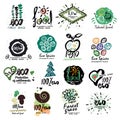 Healthy organic food labels for vegetarians logo. Restaurant, vegetarian cafe menu sign, symbol.