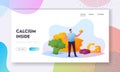 Healthy Organic Food Nutrition Source of Calcium Landing Page Template. Tiny Man Hold Cheese with Huge Broccoli and Eggs