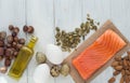 Healthy organic food. Products with healthy fats. Omega 3 omega 6. Ingredients and products: trout salmon olive oil avocado nuts