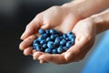 Healthy Organic Food. Woman Hands Full Of Fresh Ripe Blueberries Royalty Free Stock Photo